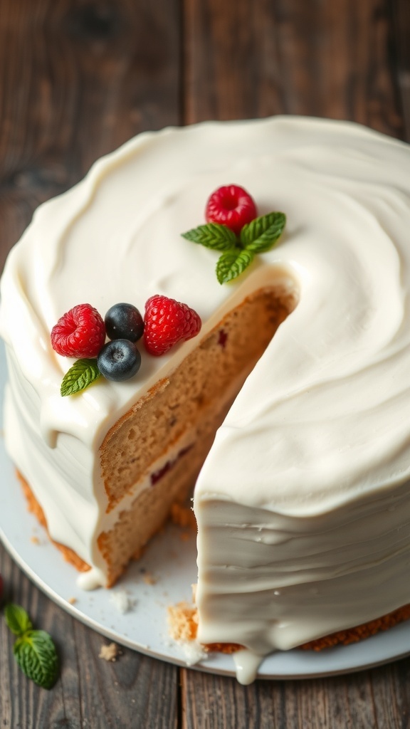 A frosted cake with yogurt icing, decorated with berries and mint, on a rustic table.